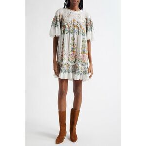 Farm Rio Women's Sweet Bloom Bouquet Short-Sleeve Cotton Mini Dress Small NWOT